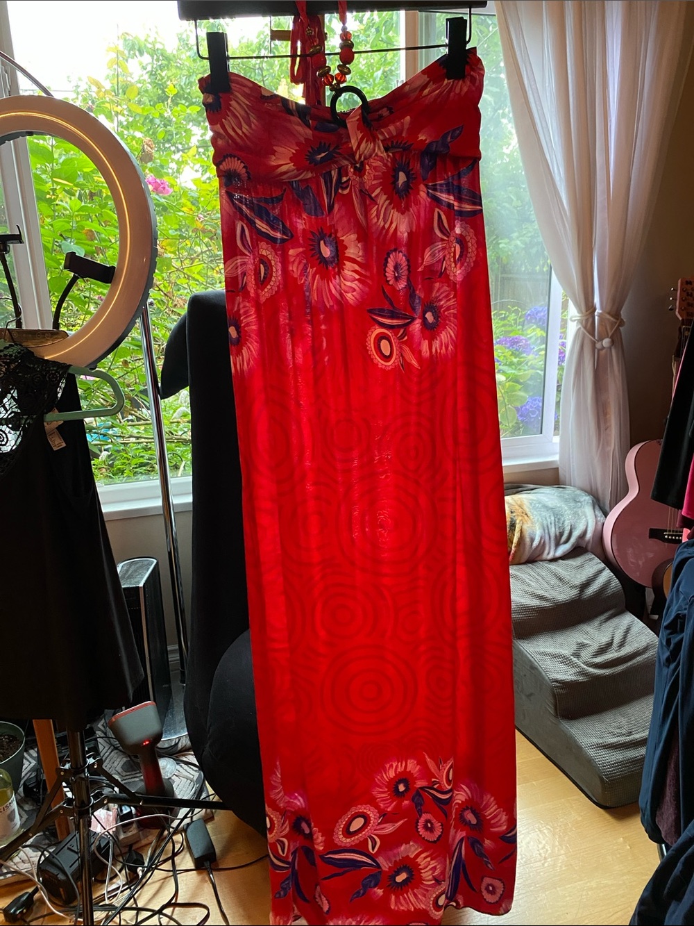 💍 Red Strapless Floral Maxi Dress with Navy & Cream Accents